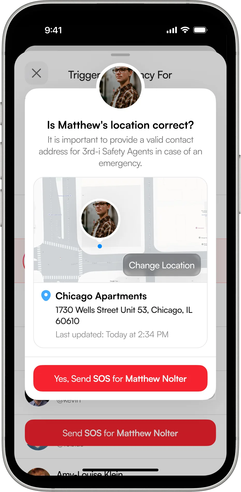 Triggering an SOS for a friend in the 3rd-i app: confirm their location, then send the SOS on their behalf