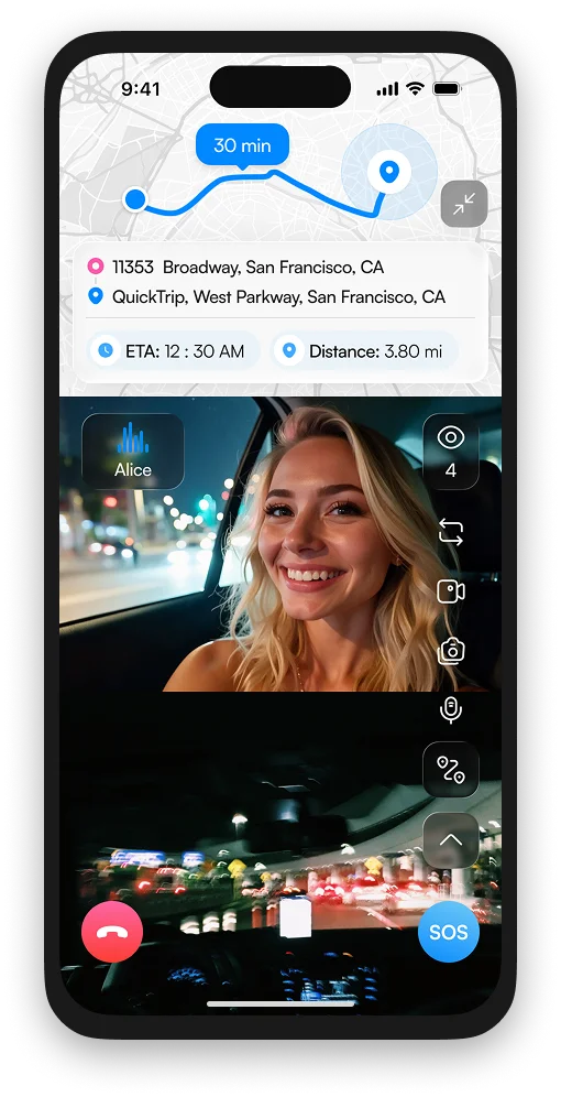 Dual camera in Trip Mode: the route header on top, the rider's face and the road ahead streaming together