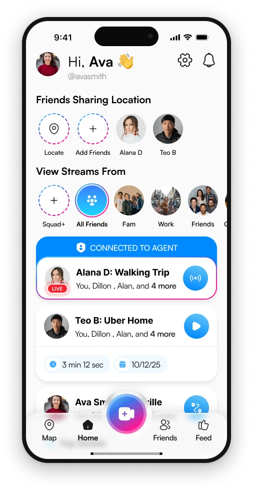The 3rd-i home screen, showing friends sharing location, the streams you can watch, and a live connection to a Safety Agent