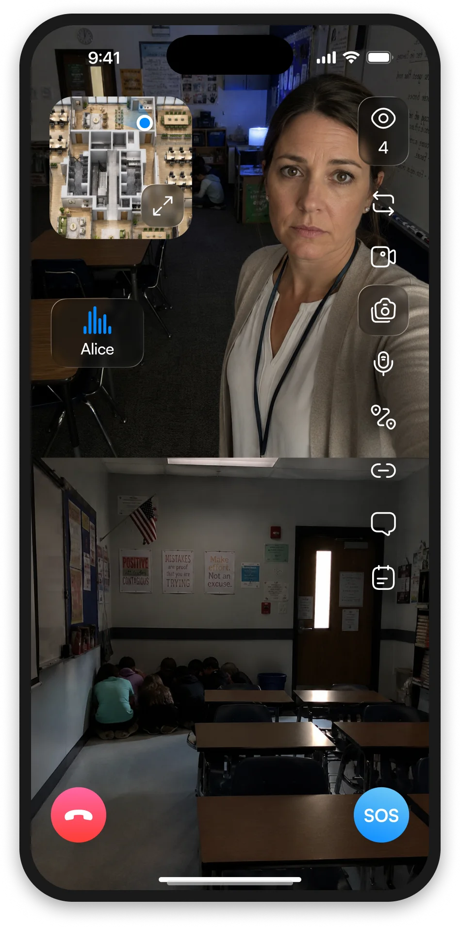 A teacher in lockdown streaming both cameras to responders, with Room 214 pinned on the floor plan and SOS one tap away