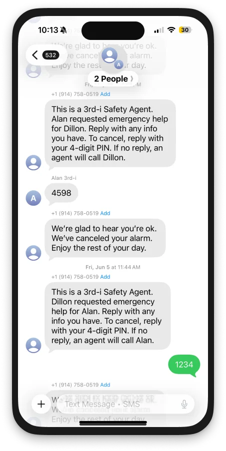 An SOS triggered for a friend: one group text with the friend and the Safety Agent, and a four digit PIN to cancel