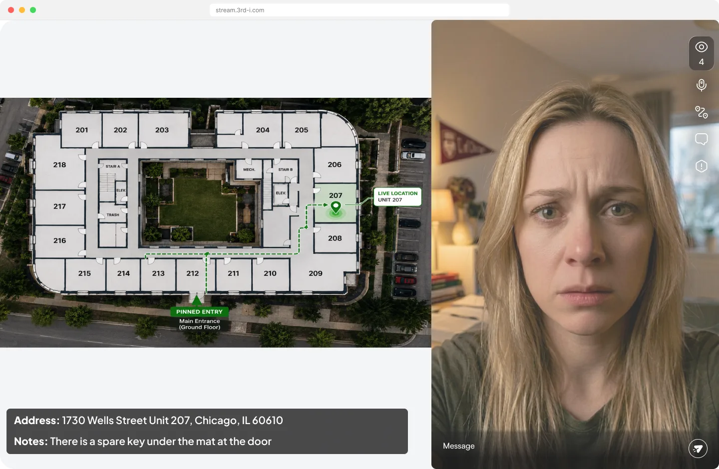The Safety Agent console during an active SOS: live video and audio on the right, and on the left the building map with the live location in Unit 207, the route inside, the pinned main entrance for responders, the street address and the resident's access notes