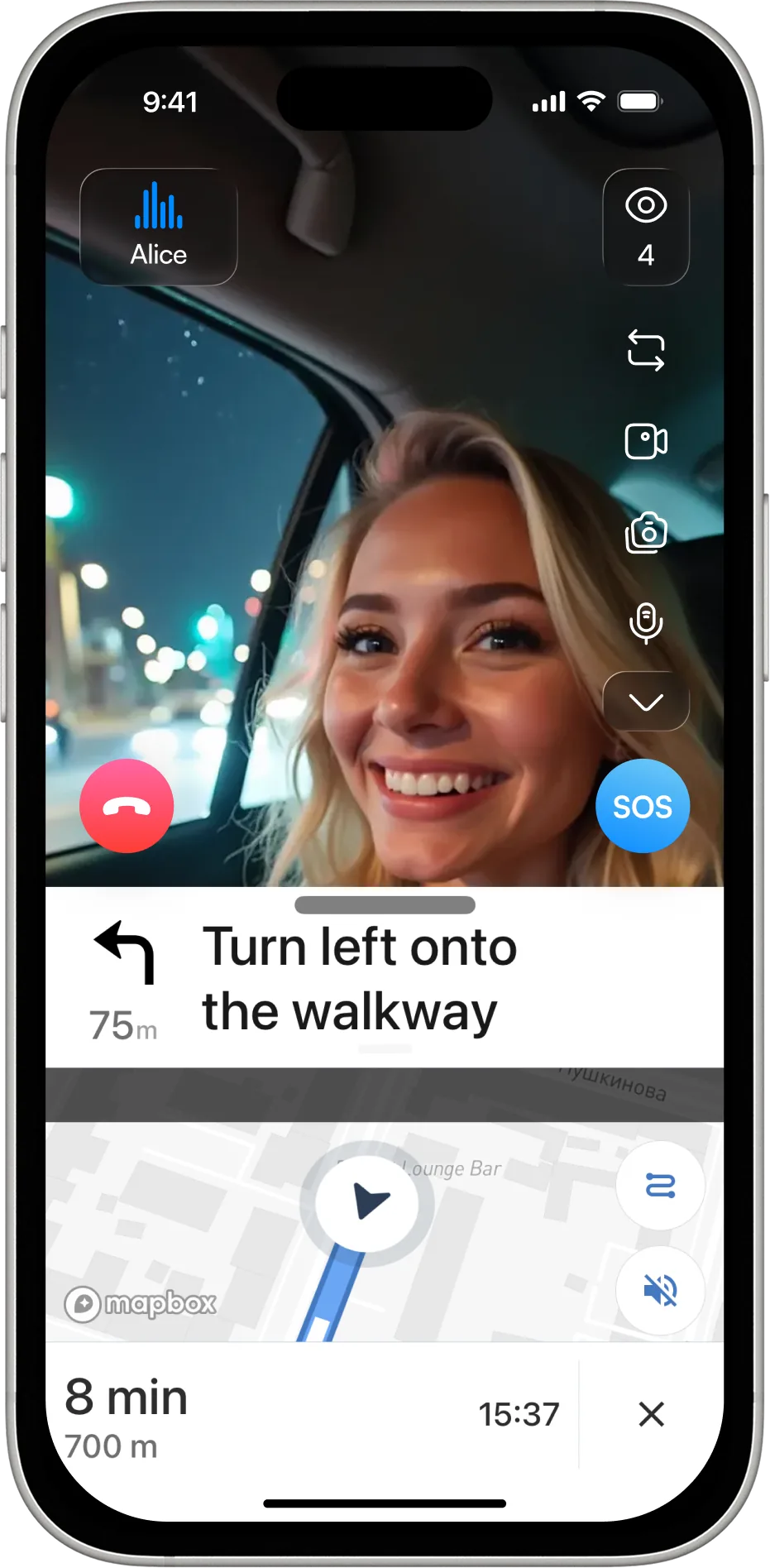 The 3rd-i app streaming a rideshare live, with turn by turn navigation and the trip route on the map