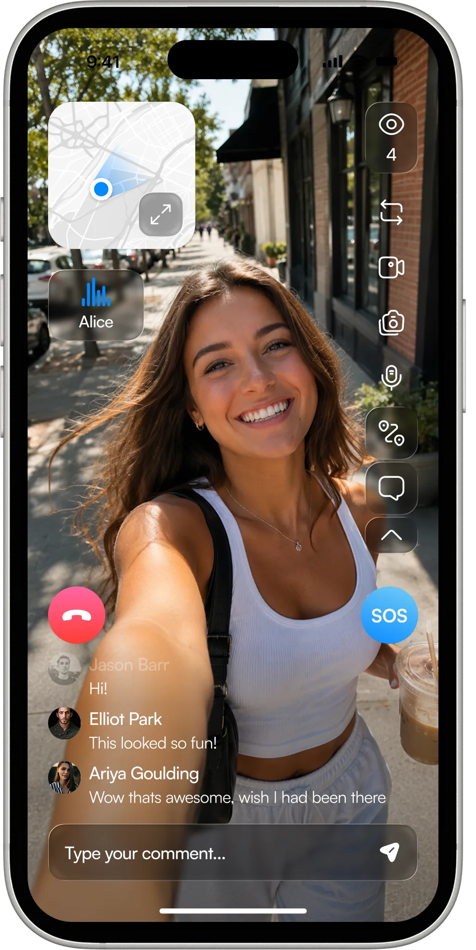 A student livestreaming a walk off campus in the 3rd-i app, with viewers watching, commenting, and SOS one tap away