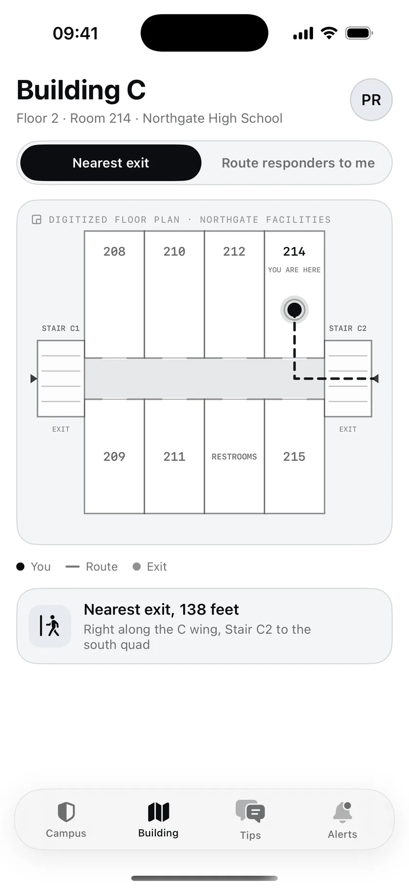 A digitized floor plan of Building C with the nearest exit routed from Room 214
