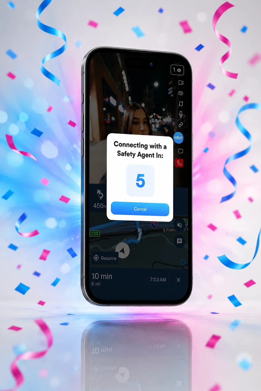 The 3rd-i app on a phone surrounded by celebratory confetti for the monthly giveaway